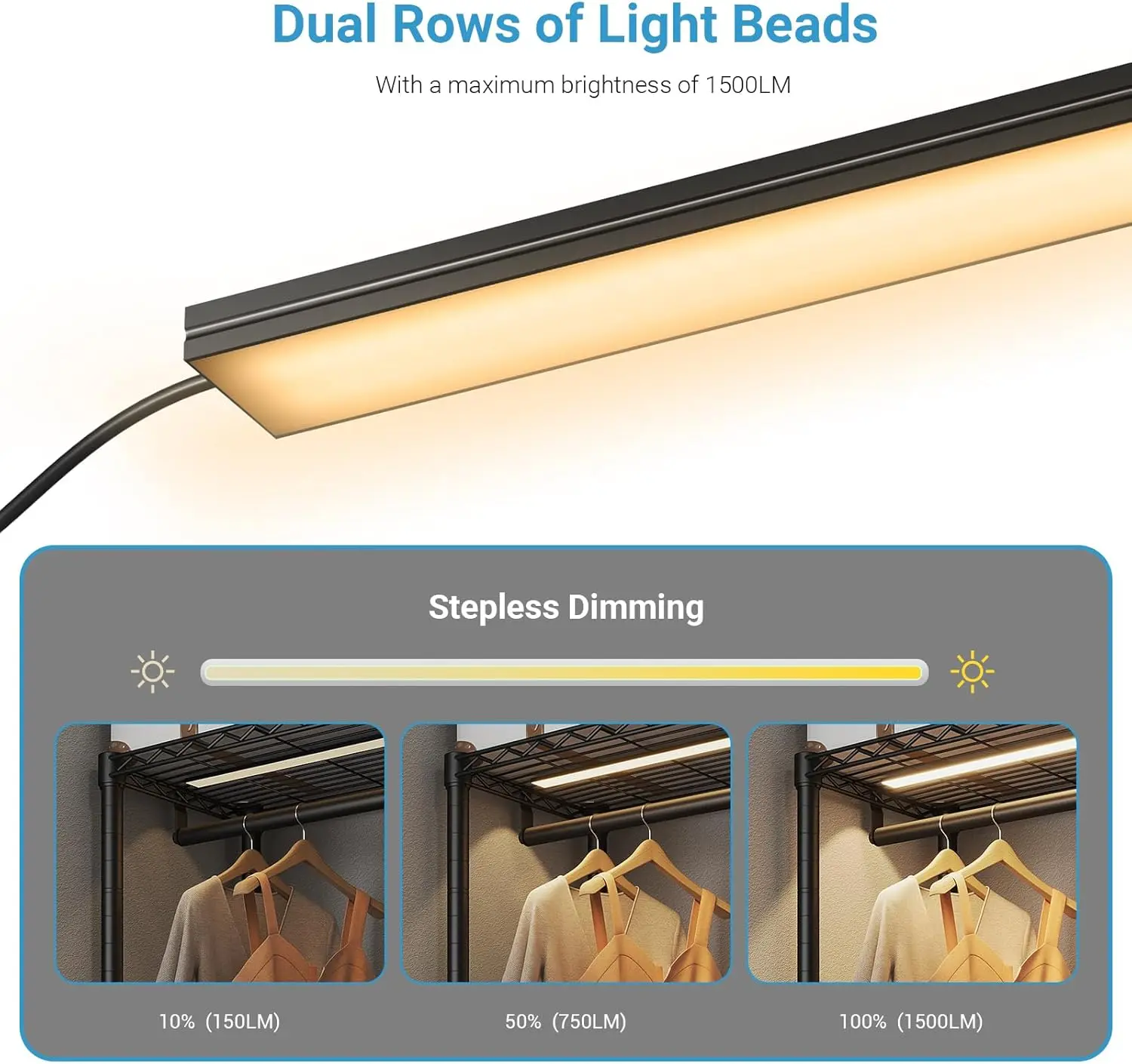 V5L Garment Rack Heavy Duty Covered Clothes Rack with LED Lights, 3000K Warm White, Portable Closet Wardrobe Free