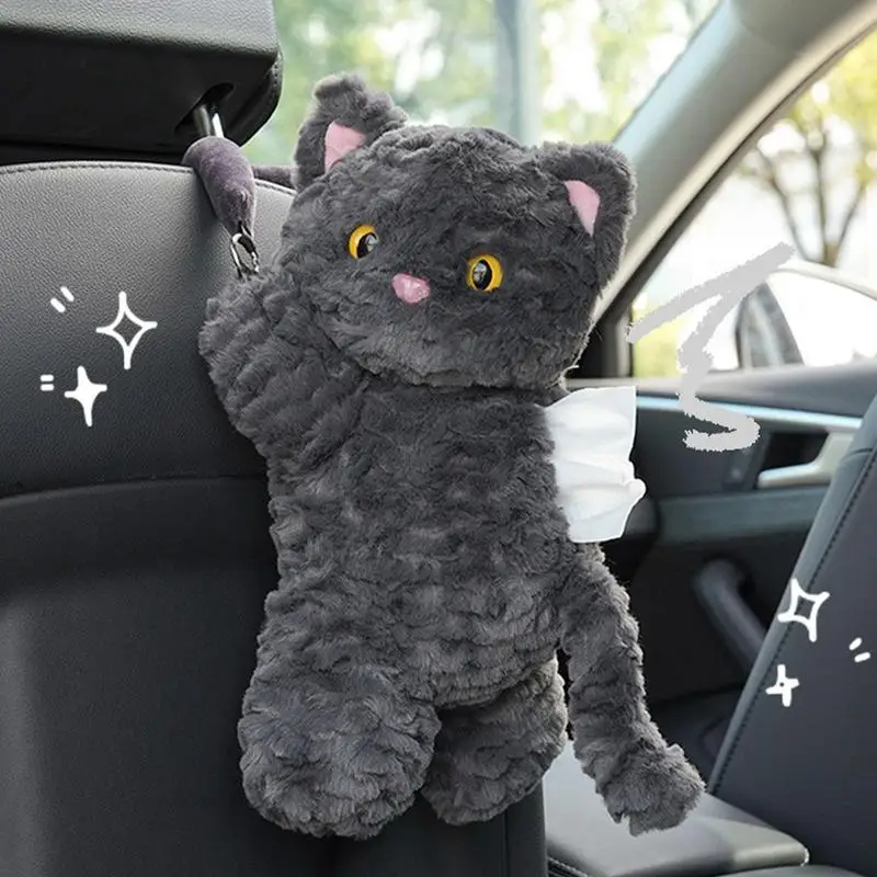 Cute Cartoon Car Tissue Box Creative Lovely Black Cat Short Plush Tissue Box Holder for Car Armrest Box Car Seat Tissue Box