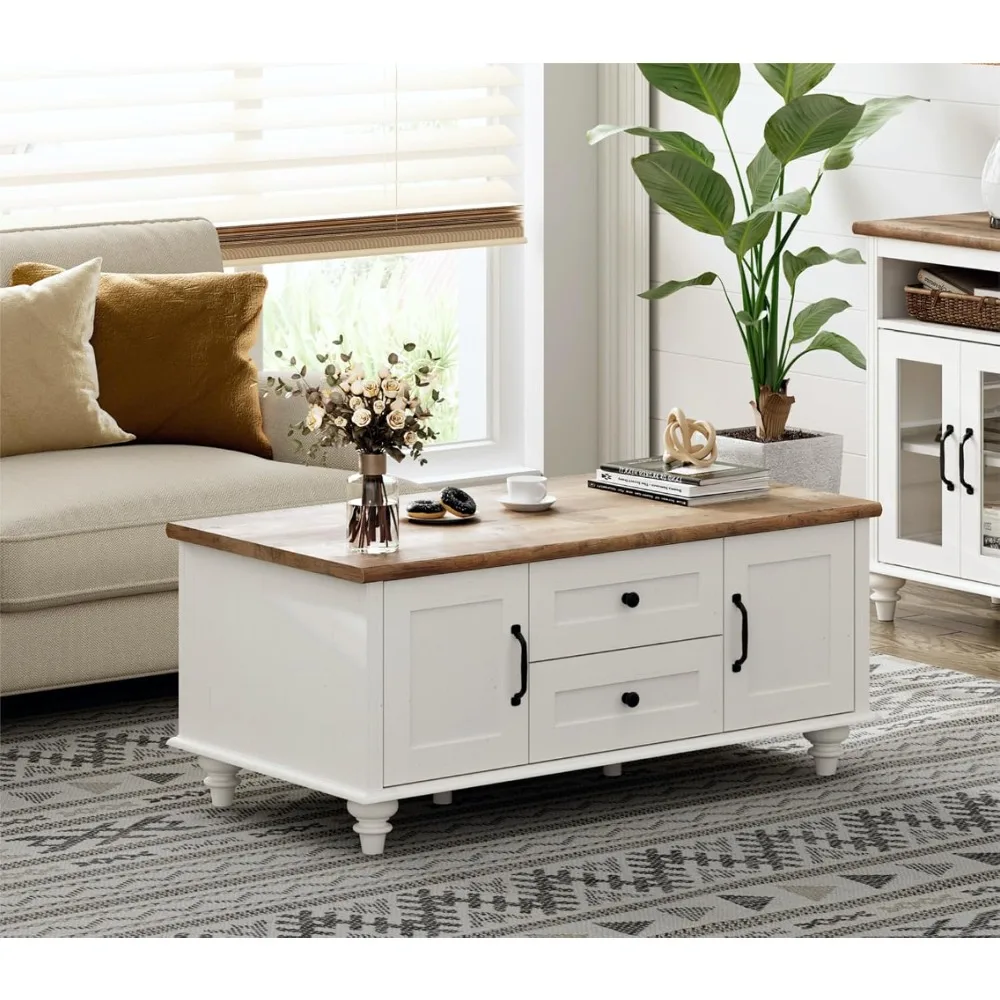 

Modern Storage Coffee Table in White for Living Room, Rectangular Wooden Center Table with Drawer
