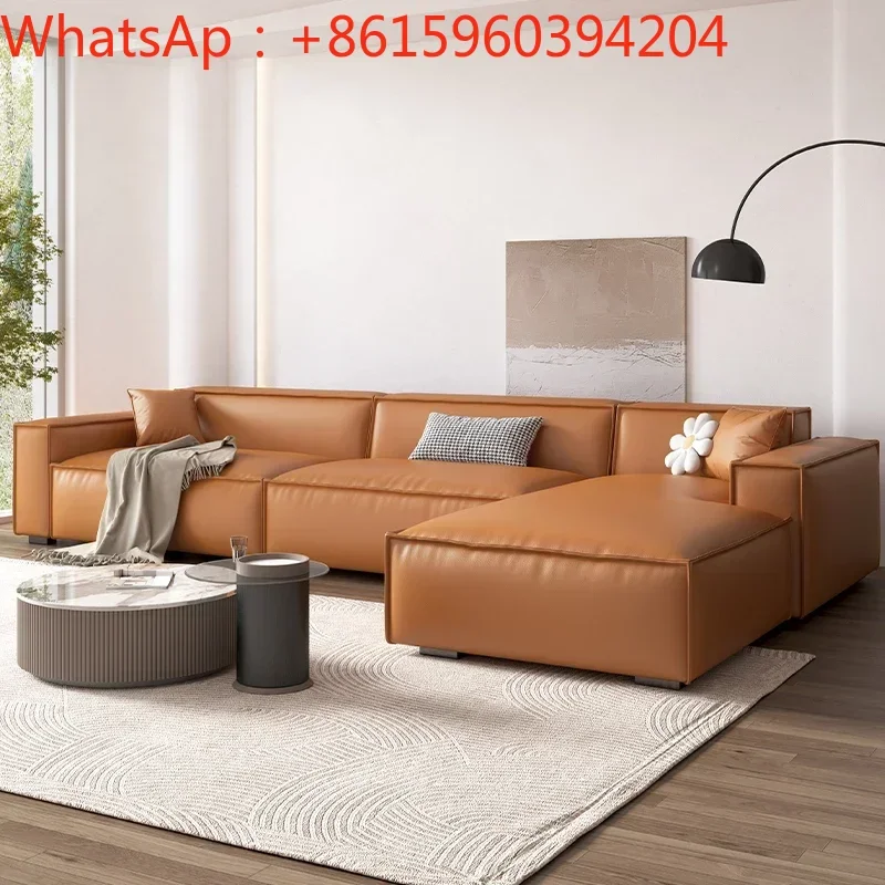 Leather sofa, cowhide Italian minimalist living room, small three-seat, in-line square tofu block sofa