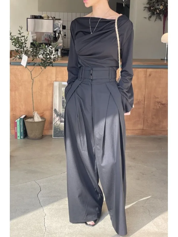 

Retro High Waist Wide Leg Casual Pants Women's Chic Versatile Design Sense Pleated Draping Long Trousers Korean Style