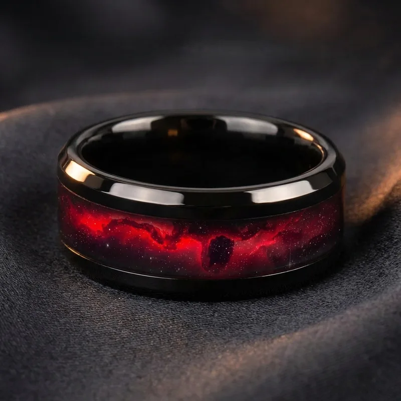 Women Double Bevel Polished Steel Ring Jewelry Fashion Men Red Planet Black Stainless Steel Rings Women Wedding Band Wholesale