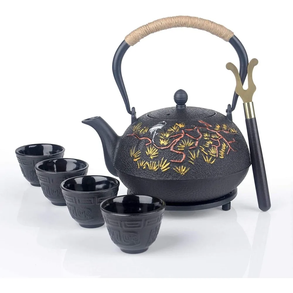 

7 Pieces Japanese Cast Iron Teapot Cup Set Tea Kettle with Infuser and Trivet(40 oz)