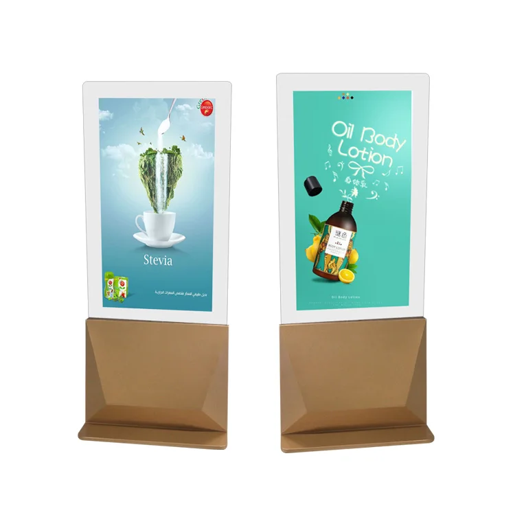 Supporto da pavimento con display trasparente con schermo LCD a doppio lato in due colori con macchina pubblicitaria OLED in vetro