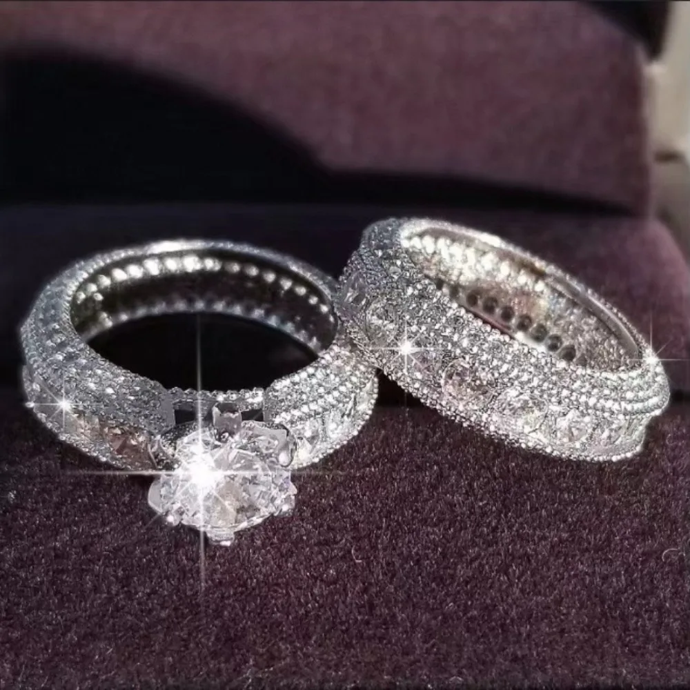 Jewellery Accessories Zircon Wedding Ring Set 2 Piece Set Couple's Engagement Rings Sparkling Silvery Diamond Ring Women