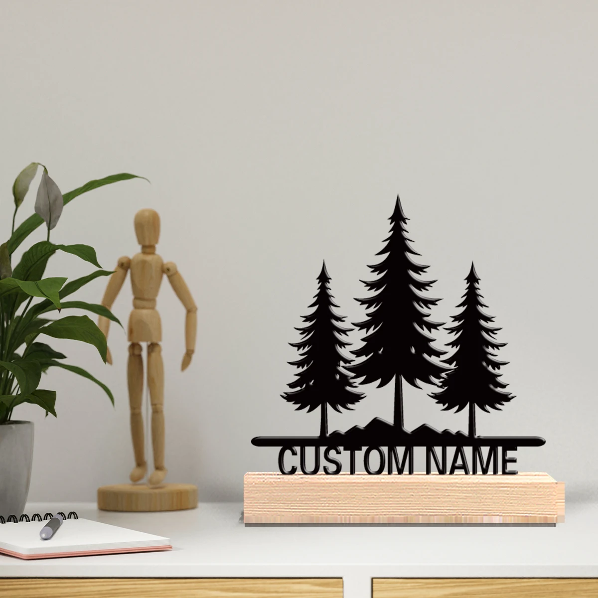 1 pièce Statues métalliques personnalisées amusantes sur le thème de la forêt avec base en bois moderne pour la décoration de bureau et de salon, inspirées de la nature
