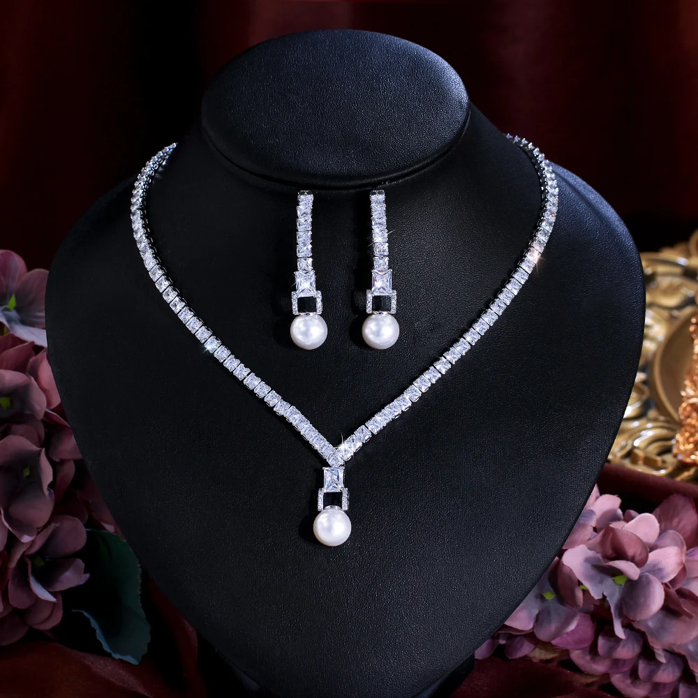 CWWZircons Shiny Cubic Zircon Bridal Wedding Pearl Necklace Earrings Evening Dinner Party Costume Jewelry Sets for Women T673