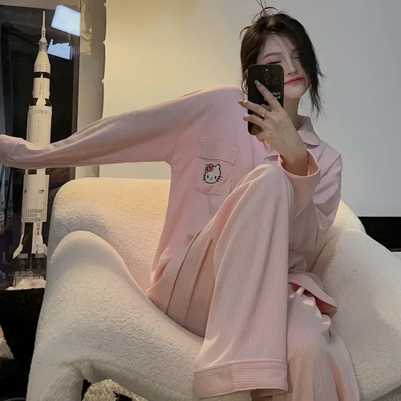 Pijamas de seda Sanrio Hello Kitty para mujer, pantalones de manga larga de algodón puro de otoño, pijamas informales cómodos de dibujos animados
