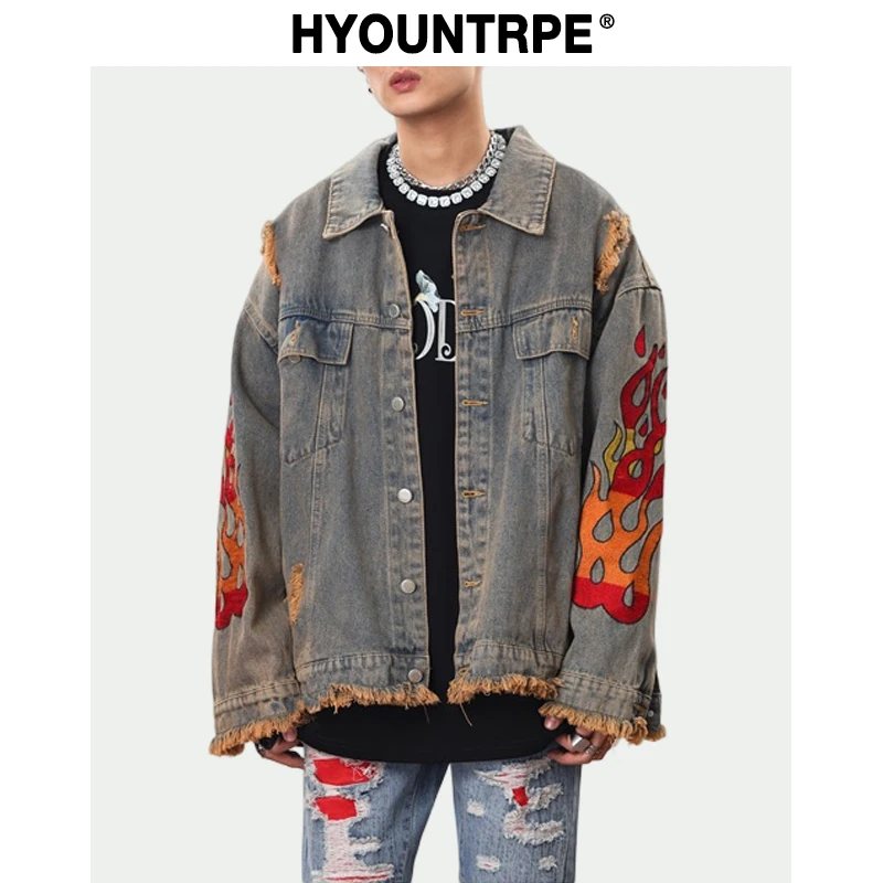 Hip Hop Denim Jacket Streetwear Mens Fire Embroidery Jean Coats Casual Bottom Distressed Ripped Harajuku Vintage Cotton Jackets