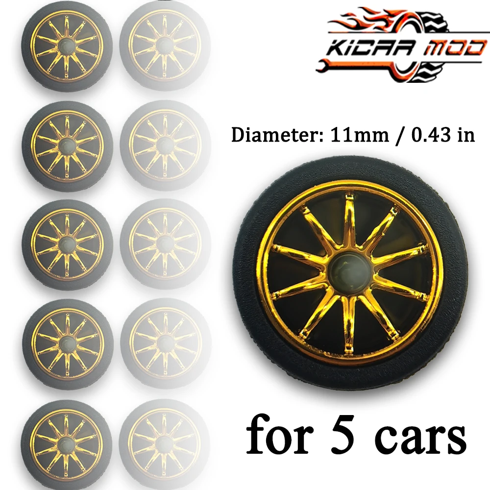 1/64 Wheels with Detachable Slick Rubber Tires Ten Spokes for Toy Model Diecast Cars Refiting Parts for Hotwheels (5 Sets)