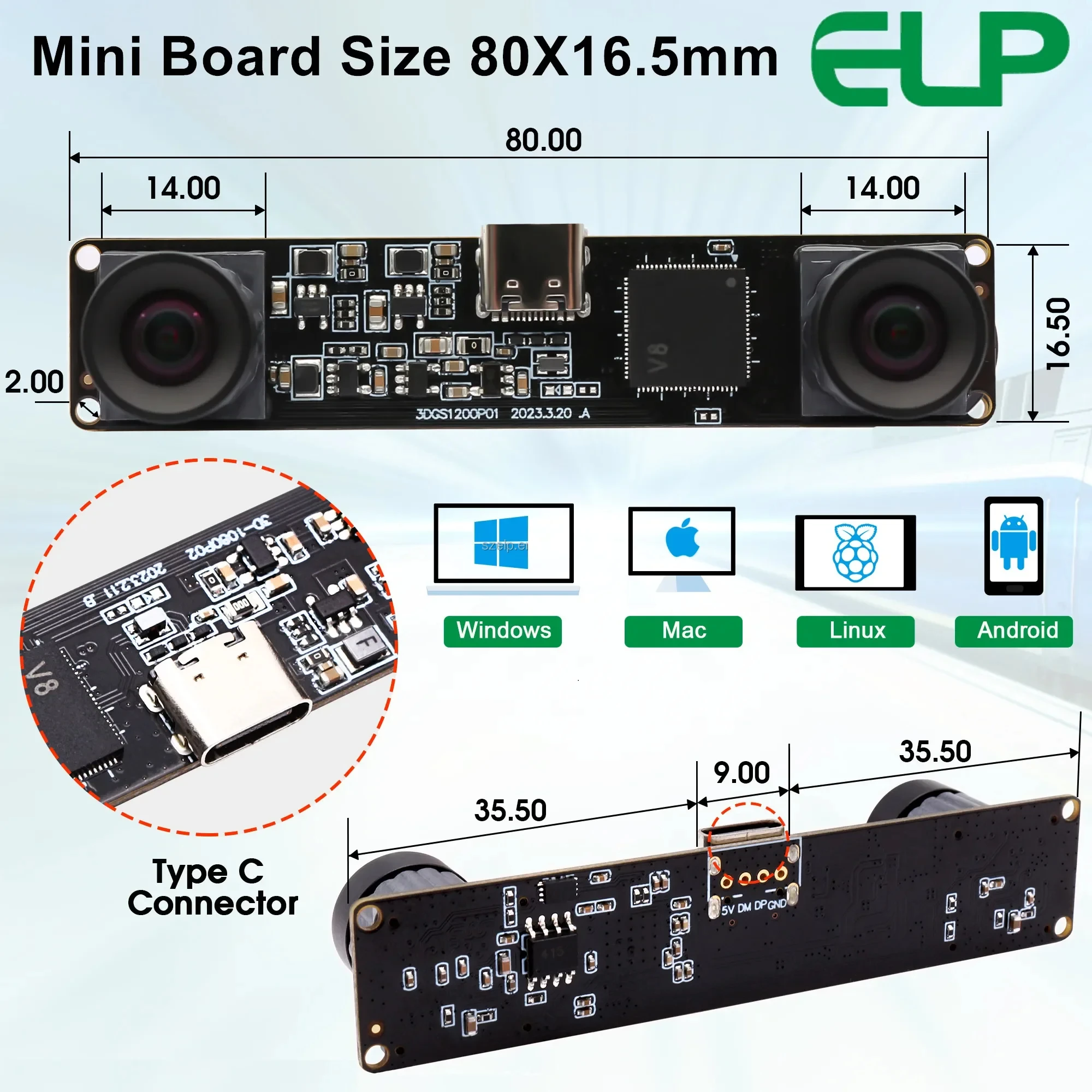 ELP 1200P Otturatore globale Sincronizzazione webcam USB Modulo fotocamera a doppio obiettivo Fotocamera industriale UVC stereo 3D ad alta velocità 120fps