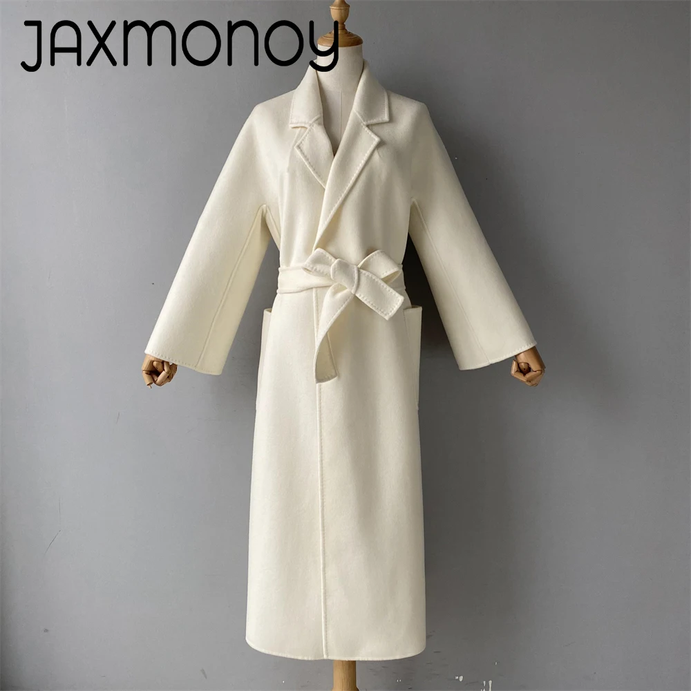 Jaxmonoy Woolen Coat For Women Autumn Oversize Coat Winter Long Jacket Ladies Cashmere Coats Solid Color Full Sleeves Outerwear