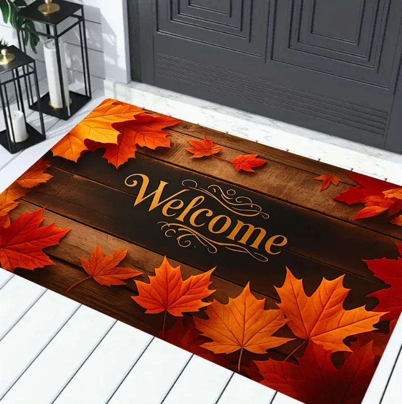 Brown Wood Welcome Gold Orange Red Maple Leaf Border Autumn Entrance Mat Non-Slip Doormat for Front Door Porch Warmth