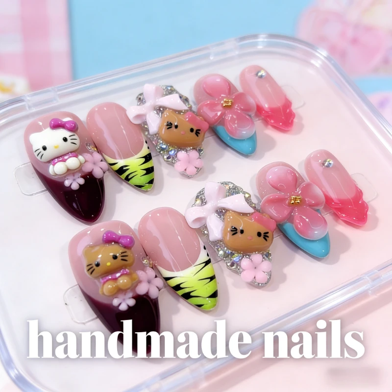 

Handmade Pink Base Press on Nails with 3D Cute KittyCat Charms Bowknot Flower Accents Reusable Almond Fake Nail Tips For Girls