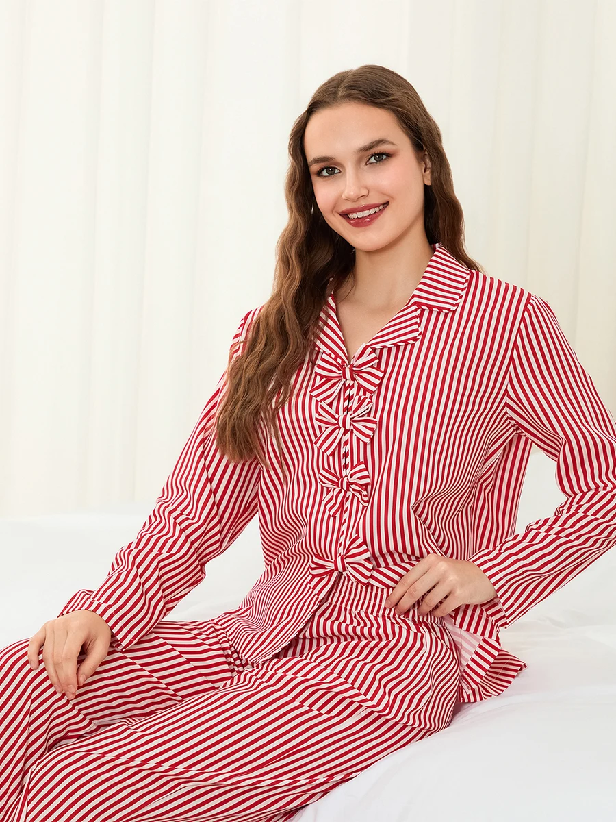 Women 2 Piece Pajamas Set Cute Bow Long Sleeves Shirt and Elastic Pants for Loungewear Soft Sleepwear