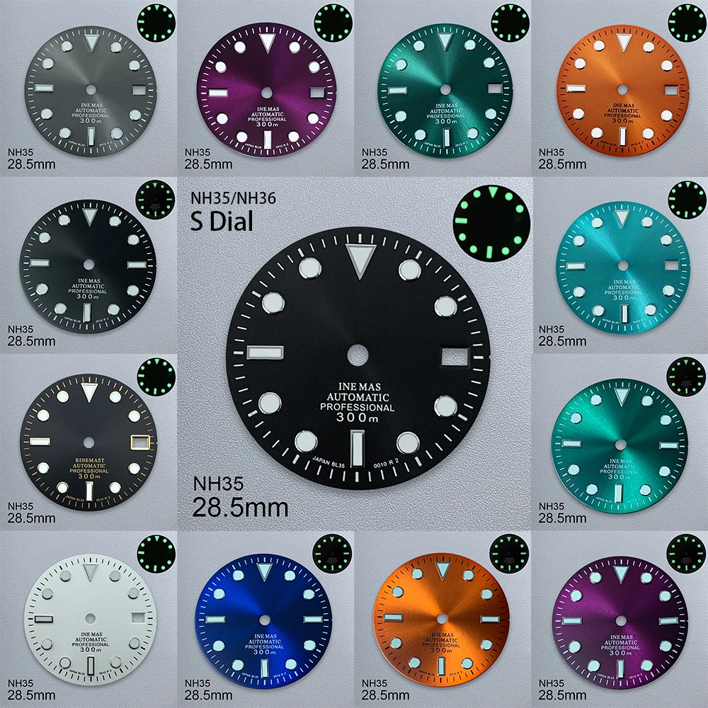 

28.5mm S Logo SUB Sunray Dial Fit NH35/NH36/4R/7S Japanese Movement Green Luminous High-Quality Watch Modification Accessories
