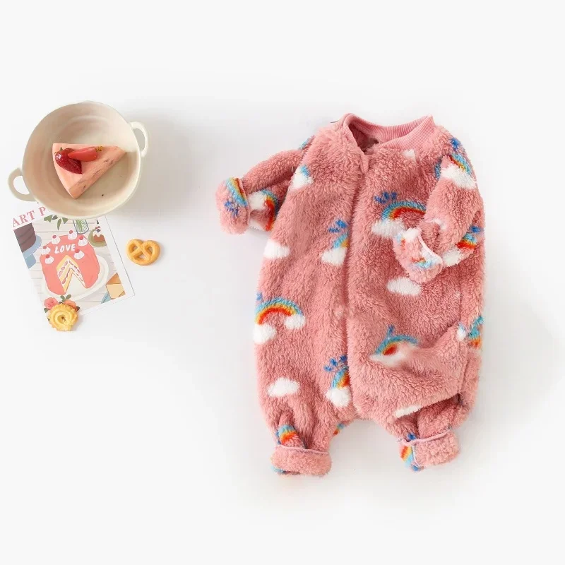 

Round Neck Baby Girl Romper Double Sided Plush Rainbow Print Long Sleeve Zipper Jumpsuit Infant Outfit 3-24Month
