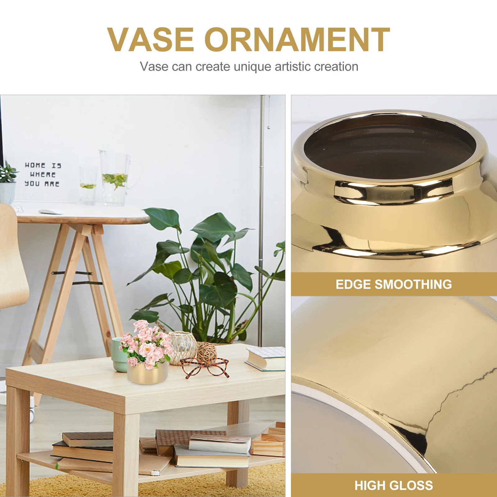 

Golden Ceramic Vase Nordic Style Artistic Desktop Household Ornament Compact Decorative Flower Arrangement Container