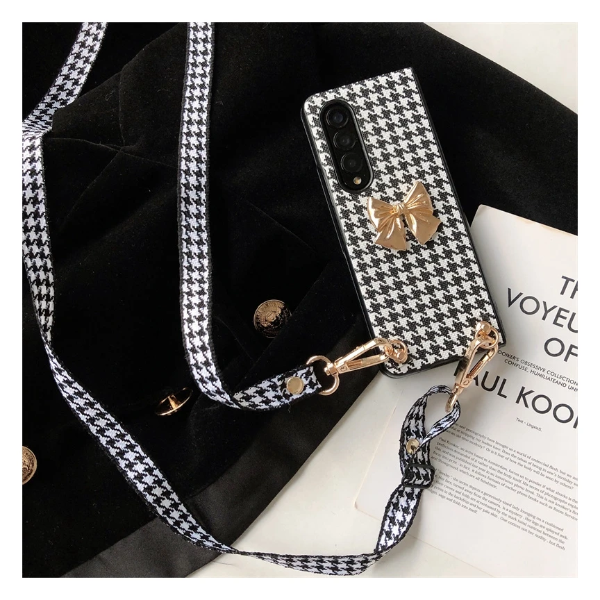 Luxury 3D Bow Houndstooth Phone Case For Samsung Galaxy Z Fold 6 5 4 3 2 5G Back Cover With Crossbody Rope for Woman Girl