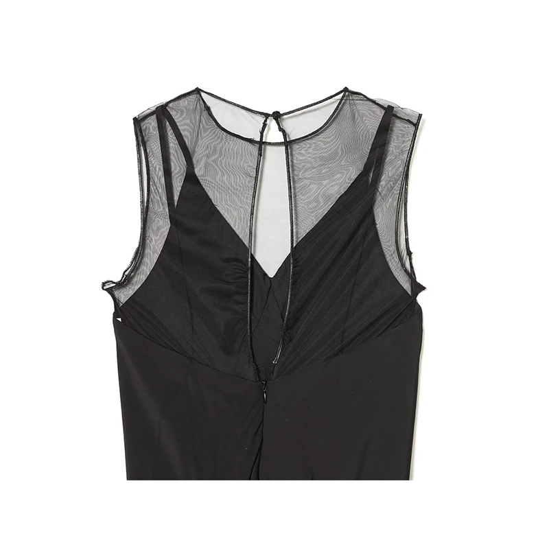 YENKYE فستان طويل أسود أنيق شبه شفاف للنساء بياقة دائرية بدون أكمام على شكل حرف a للحفلات ماكسي فيستدوس