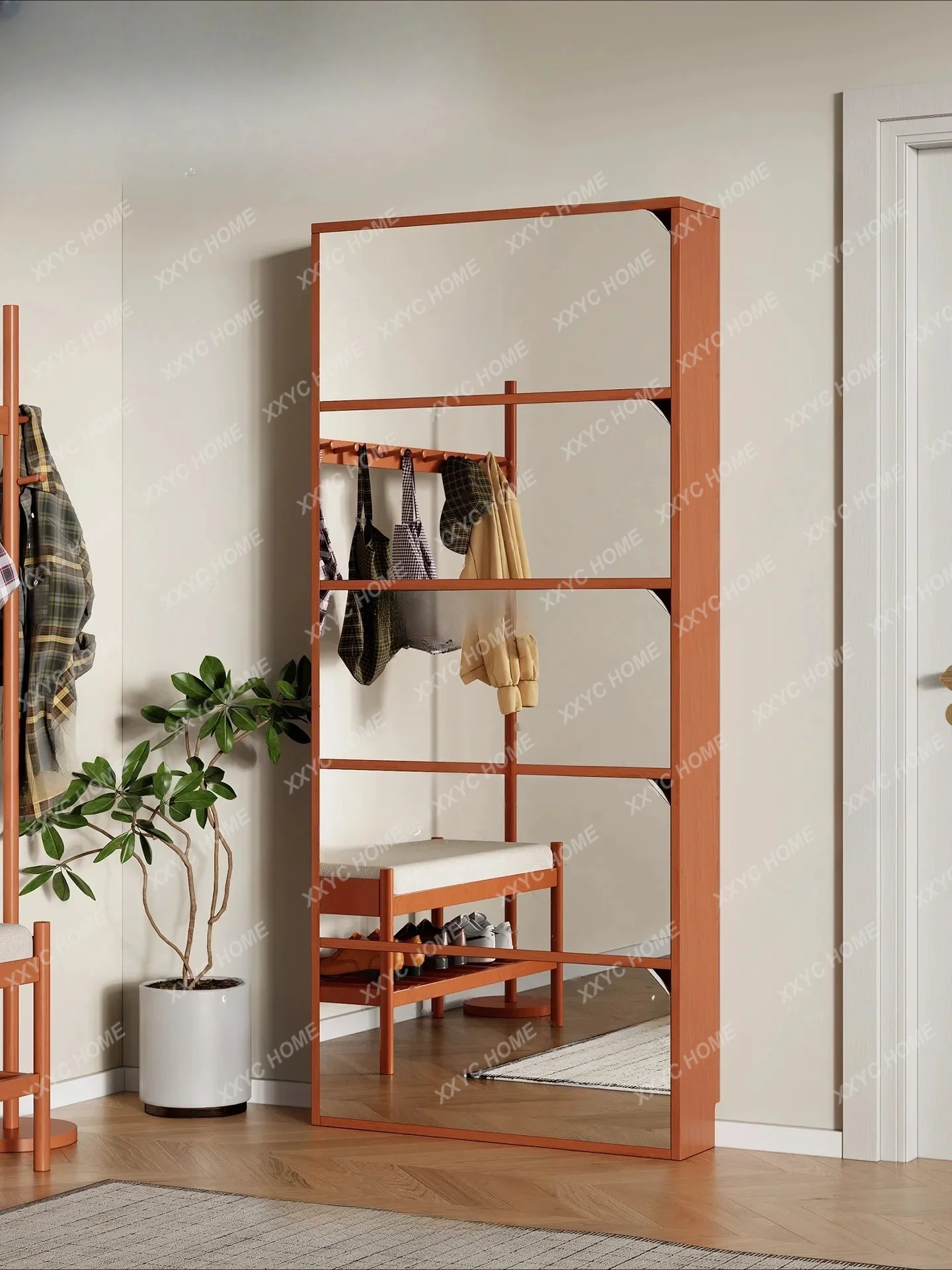 XXVintage-style entryway floor-standing wall-mounted ultra-thin mirror-finish integrated flip-chest shoe cabinet