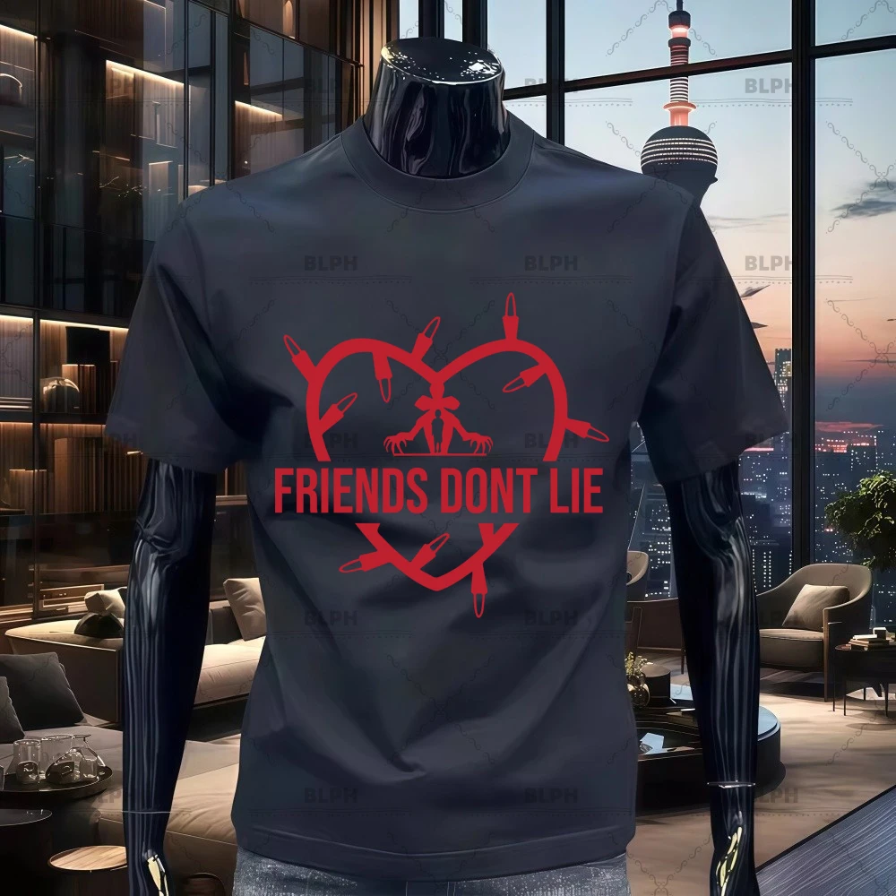

Футболка из 100% хлопка с принтом "FRIENDS DONT LIE" и Демогоргоном из сериала "Очень странные дела" с рождественскими огнями и сердцами, для всей семьи