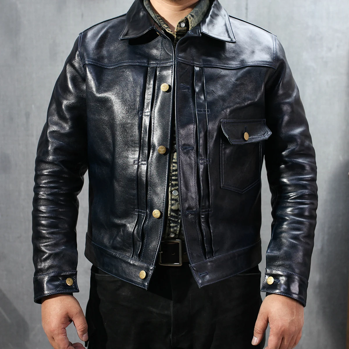 

SDH2650 Asian Size Men's Slim Vintage Genuine Italian Horse Leather Indigo Dyeing Storm Rider Jacket