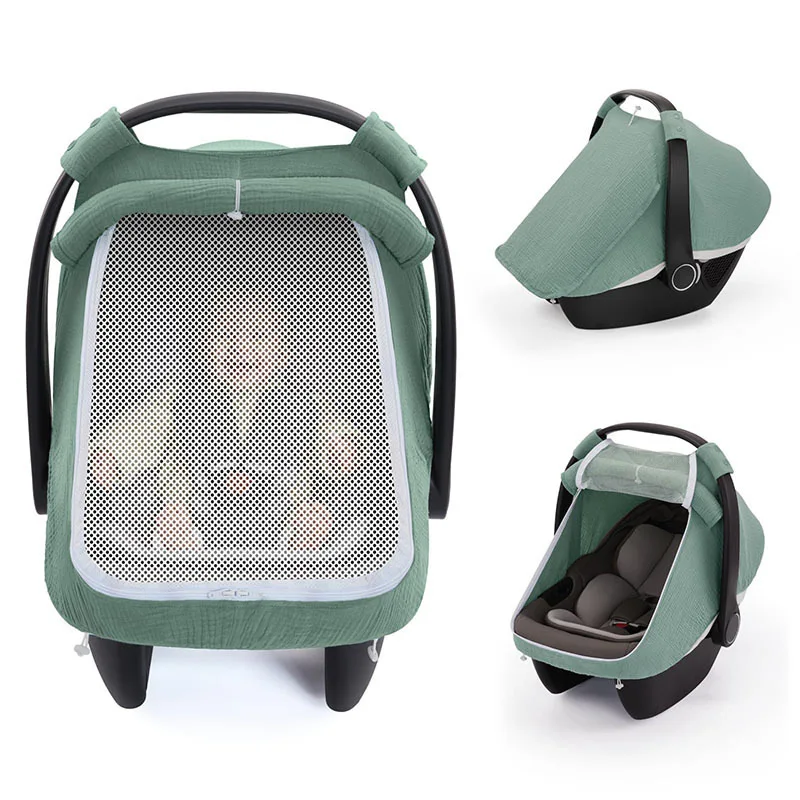 Baby Car Seat Cover Breathable Muslin Cotton with Mesh Window Infant Car Seat Canopy Carrier Cover Stroller Sun Shade ﻿