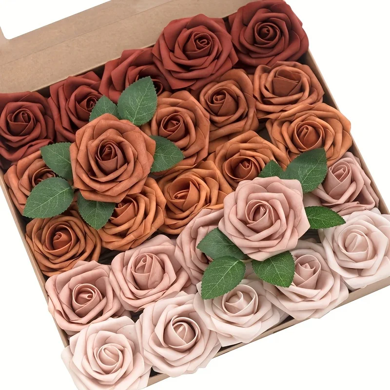 Artificial Flowers 25pcs Real Looking Terracotta Ombre Colors Foam Fake Roses with Stems for DIY Wedding Bouquets Bridal Shower