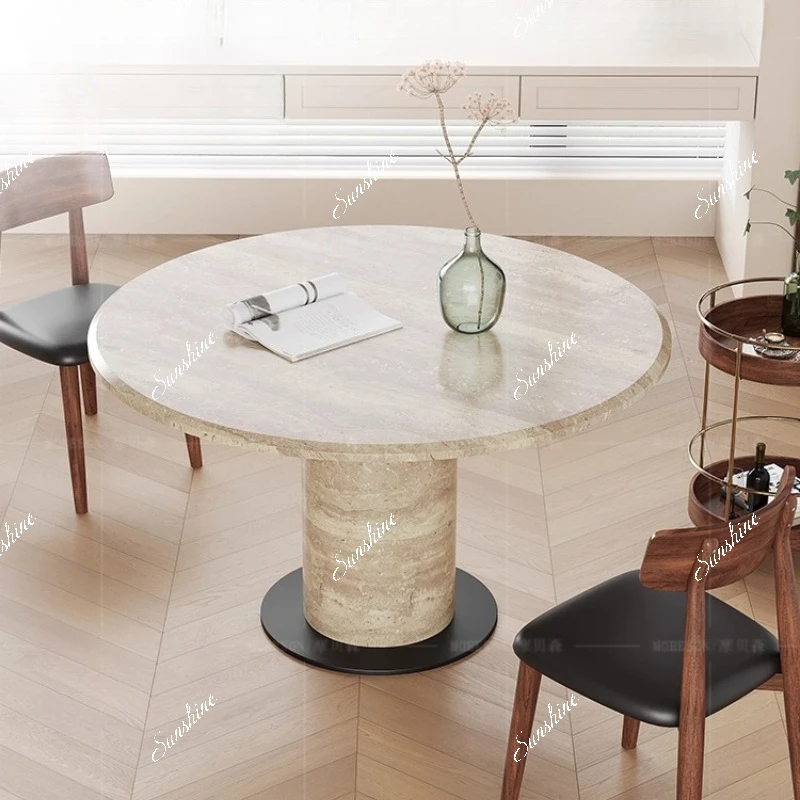 Design Middle Age Travertine Marble Round Small Household Table and Chair Combination