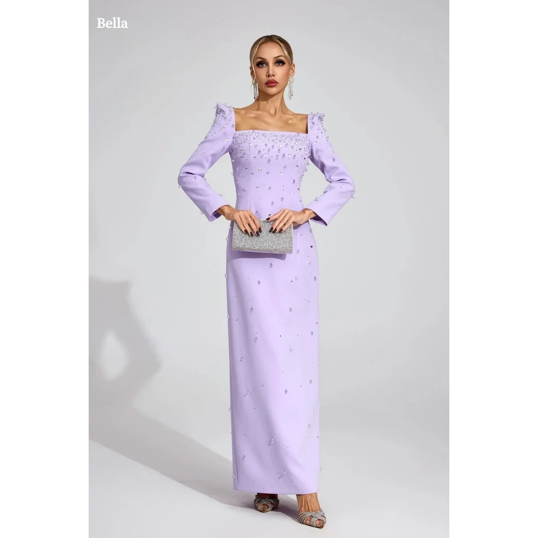 

Bella Customized Light Lavender Square Neck Puff Shoulder Long Sleeve Full Rhinestone Fitted Maxi Party Dresses robes de soirée