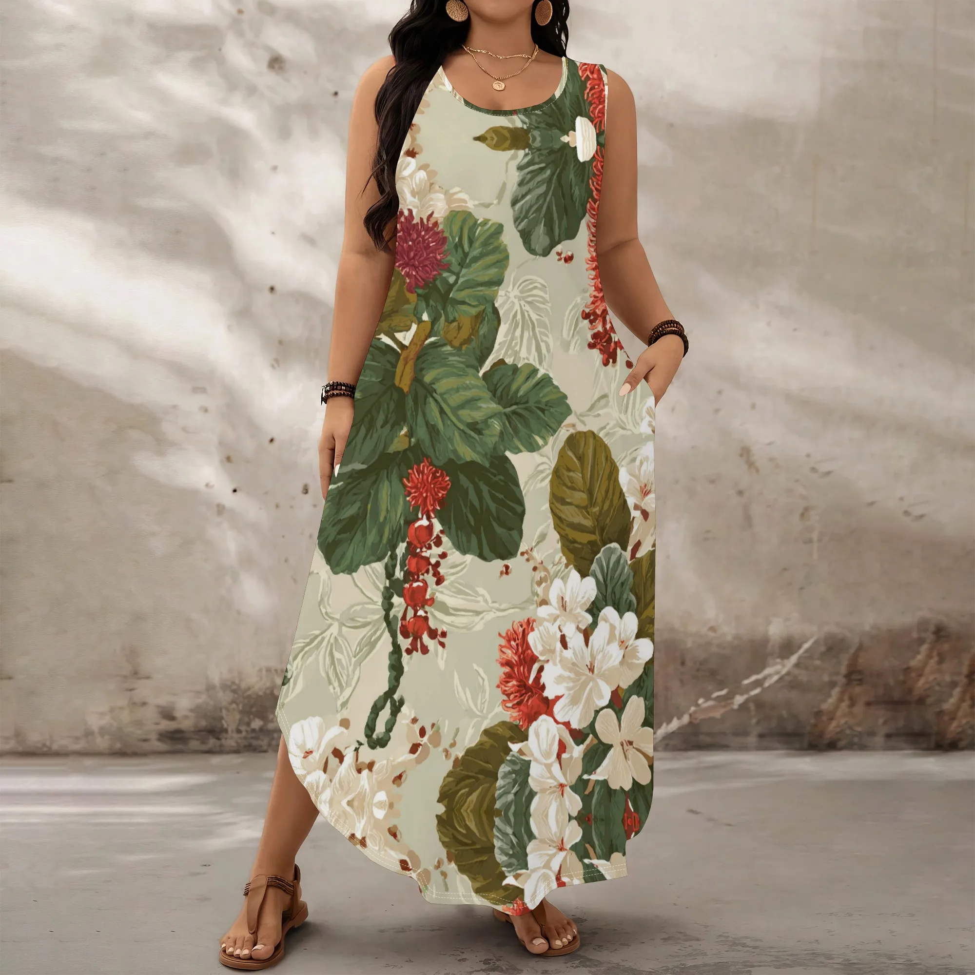 

Women's Vintage Floral Sleeveless Maxi Dress, Round Neck Loose Fit A-Line Sundress, Plus Size XL-6XL, Casual Vacation Look