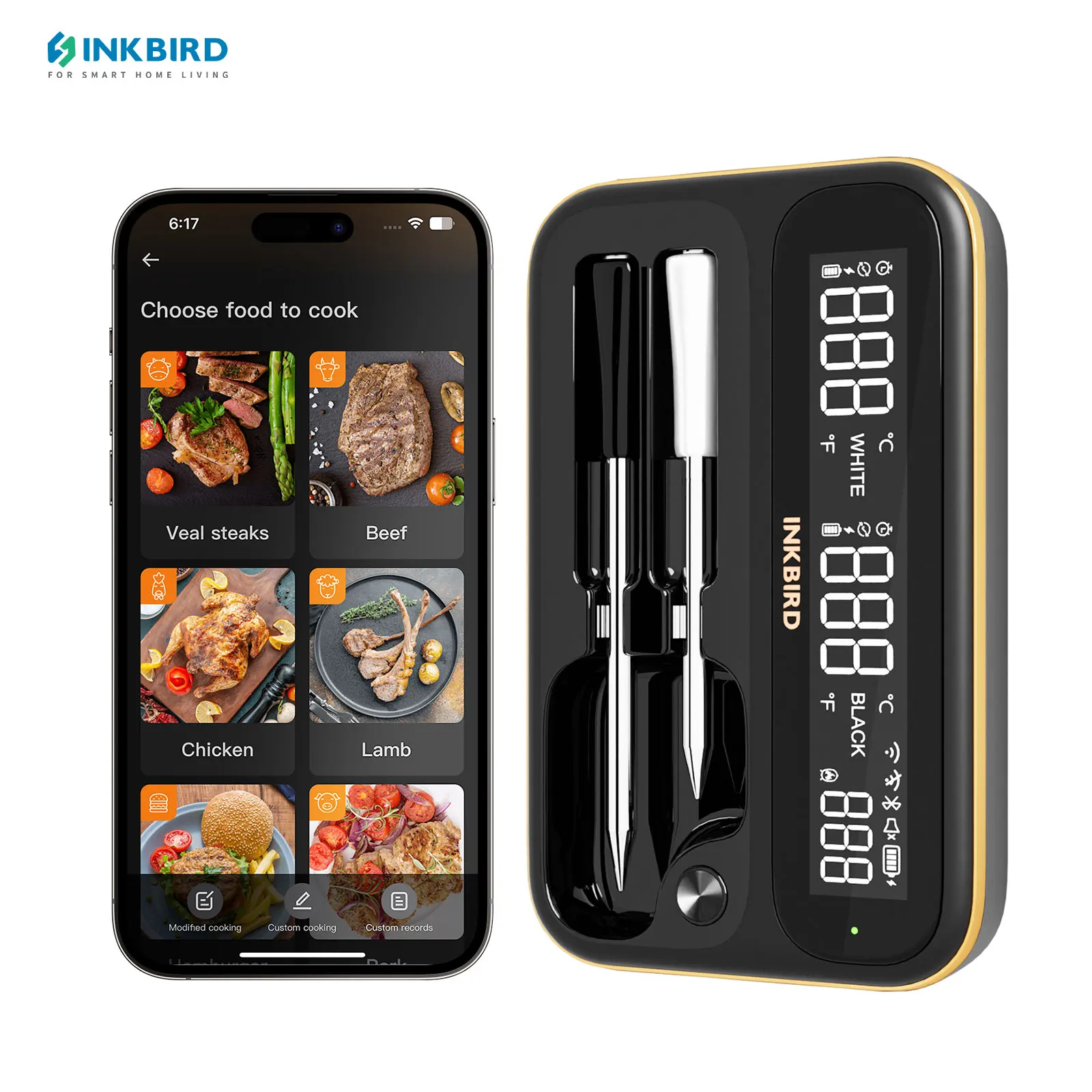 

Inkbird int-12-bw home wireless food thermometer full view angle backlit HD LCD display Bluetooth BBQ Thermometer with 2 probes