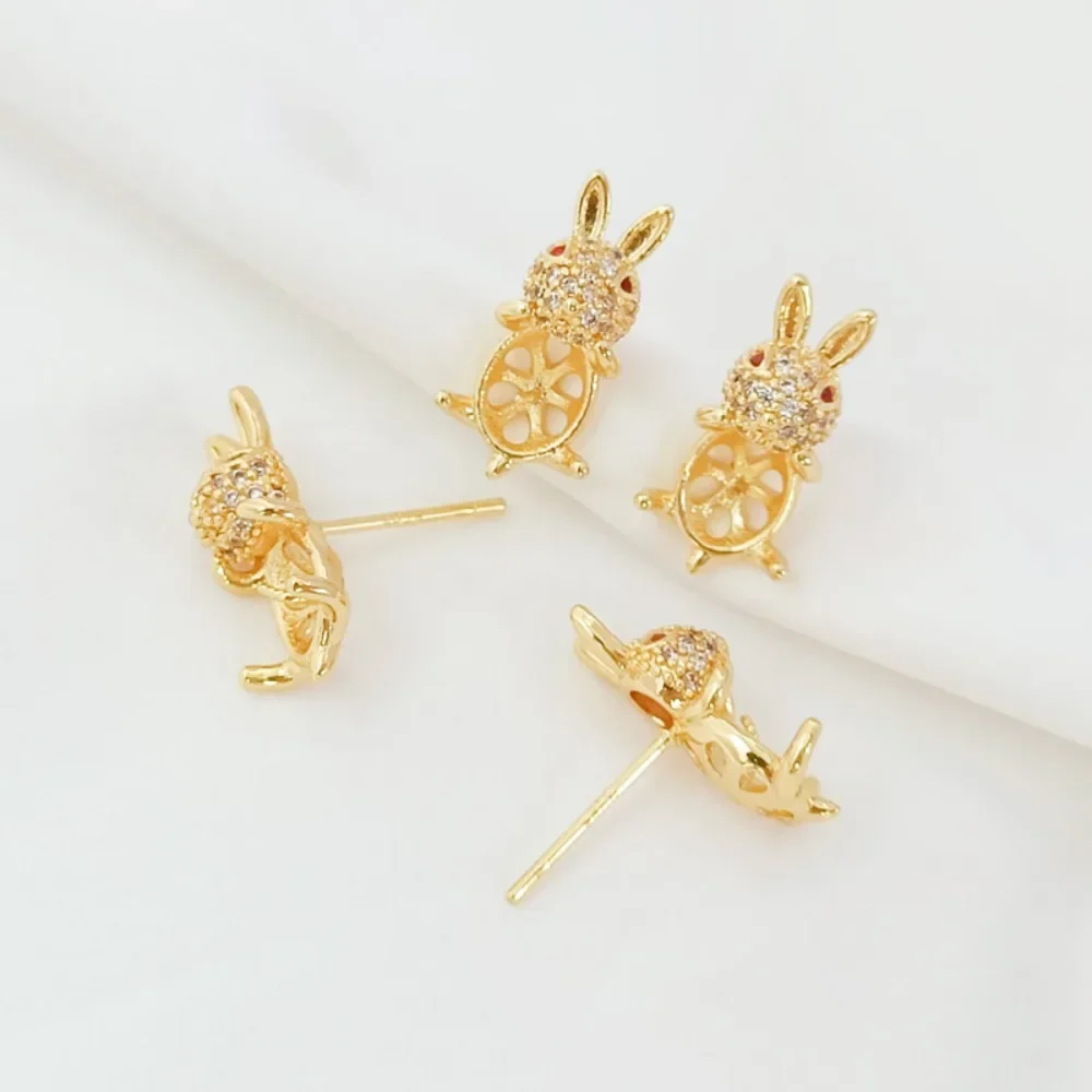 

14K Gold-plated and Zircon Inlaid Small Rabbit Semi-finished Empty Holder S925 Earpin DIY Jewelry Accessory