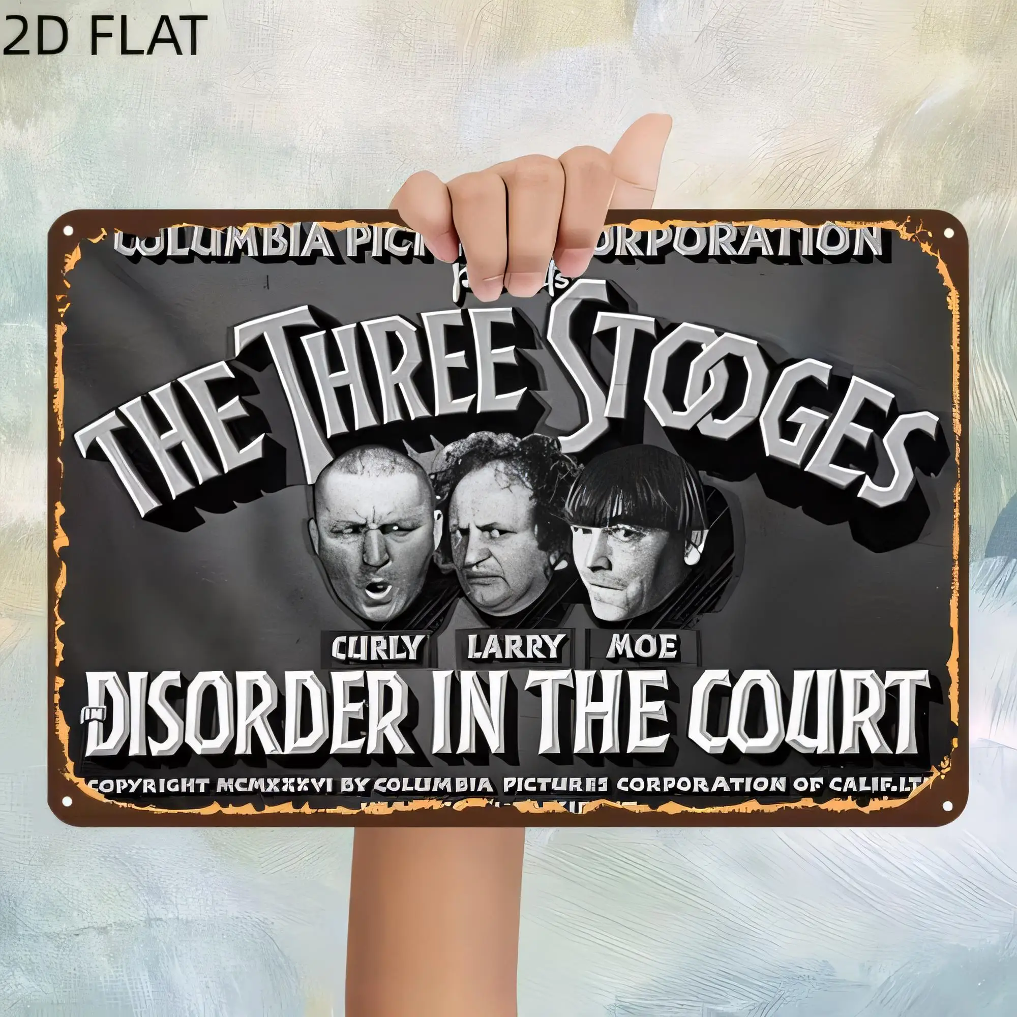 Tin Sign 2D Flat Metal Retro Wall Art The Three Stooges Disorder In The Court Vintage Poster Style for Home Bar Pub Man Cave Off