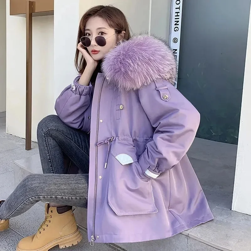 Pai Overcomes The Women Long Hooded Jacket 2024 New Korean Version Big Fur Collar Fashion Winter Add Plush Thick Warm Coat Trend