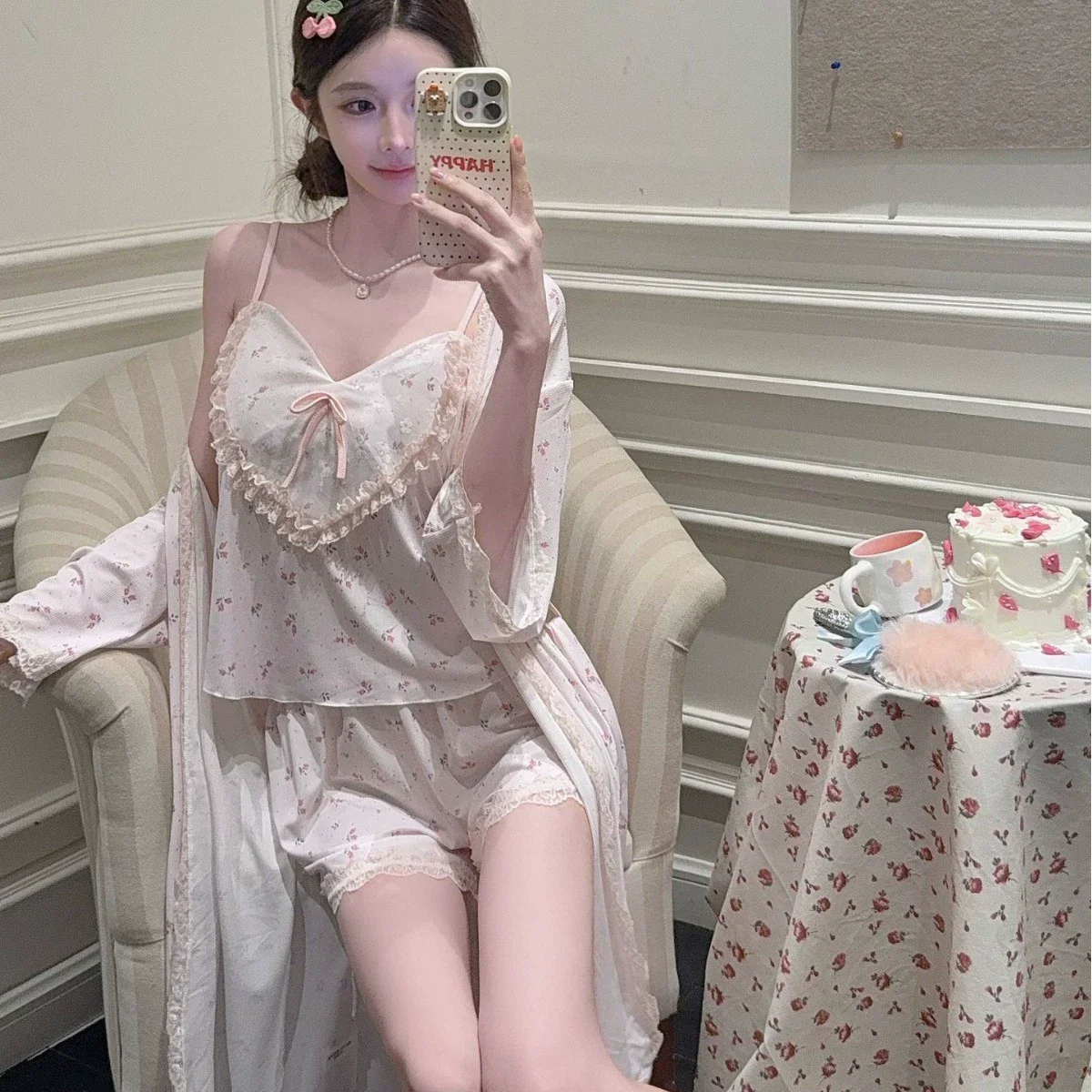 

Female 3Pcs Robe Pajamas Set Home Clothes Sexy Lace Strap Top&Shorts Lingerie Spring Summer Loose Satin Nightwear Lounge Wear