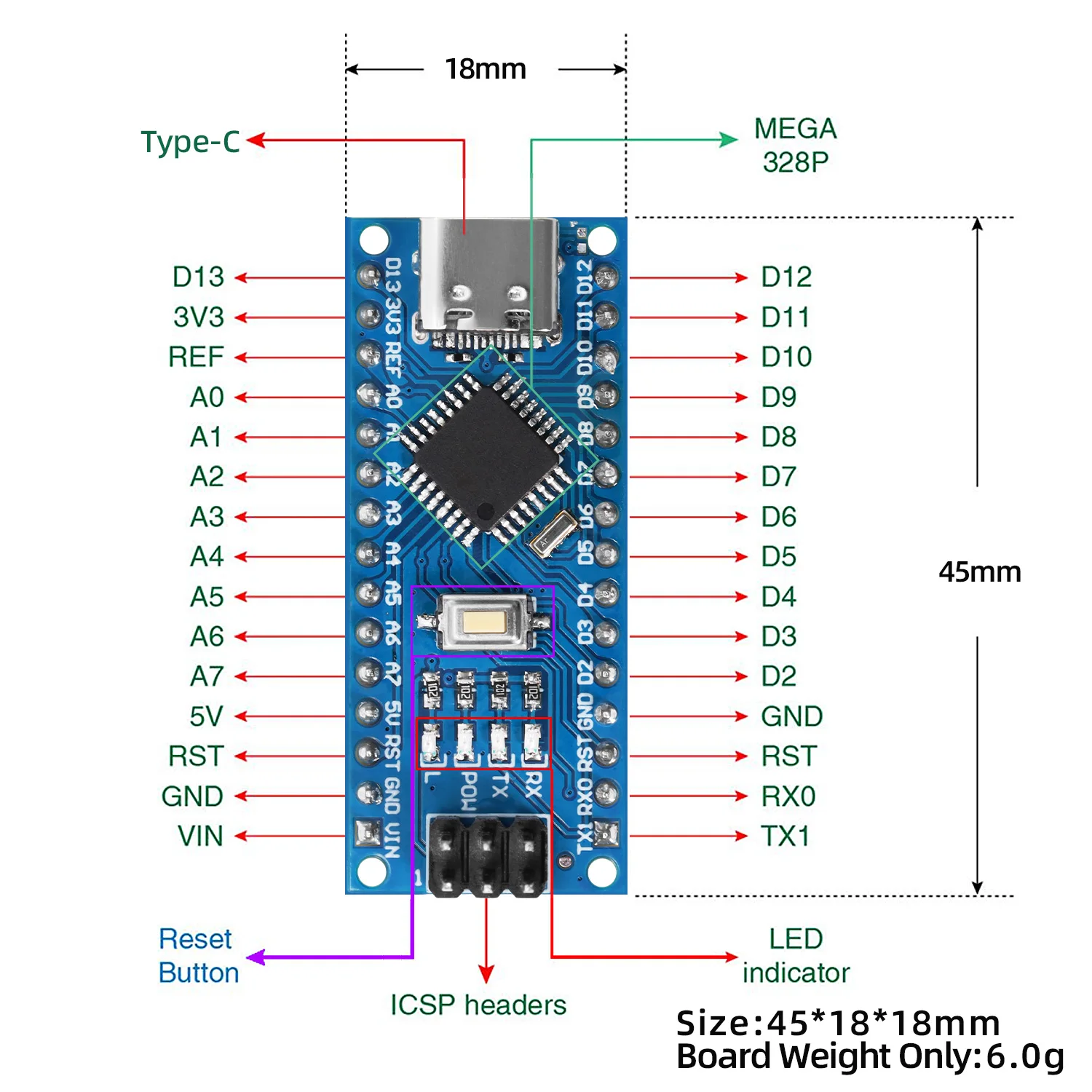 Eco-friendly NANO CH340 Development Board Type-C Port For Arduino NANO ATMEGA328P-AU Processor Core With Type-C Cable