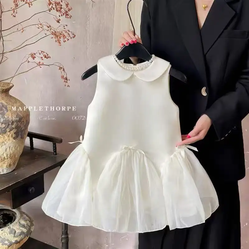 Girls Princess Dress White Kids Tulle Tutu Gown Children Piano Recital Performance Host Pageant Party Clothing