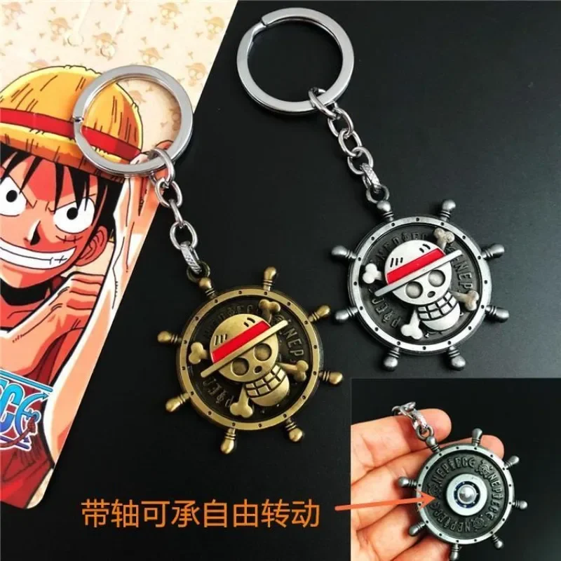 New One Piece Anime Peripheral Keychain Rotating Straw Hat One Piece Logo Luffy Alloy Car Keychain Bag Pendant Gift