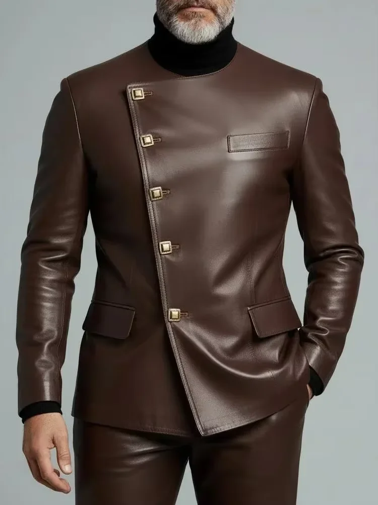 Mens Slim Fit Faux Leather Suit Jacket Brown Asymmetric Button Blazer Formal Party Coat