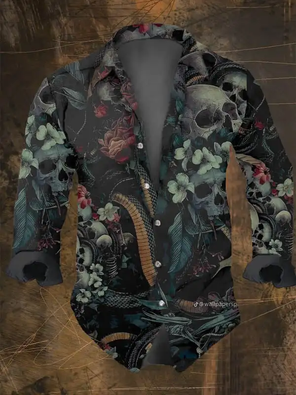 2024 Men\'s Vintage Dark Skull Print Long Sleeve Shirt - Skull Print,Regular Fit,, Lapel Collar, Polyester Blend,Halloween Party