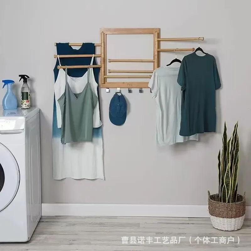 Wall Mounted Wooden Towel Rack Rotating Multi Layer Clothes Drying Hanger Simple Bathroom Storage Organizer for Home Decor