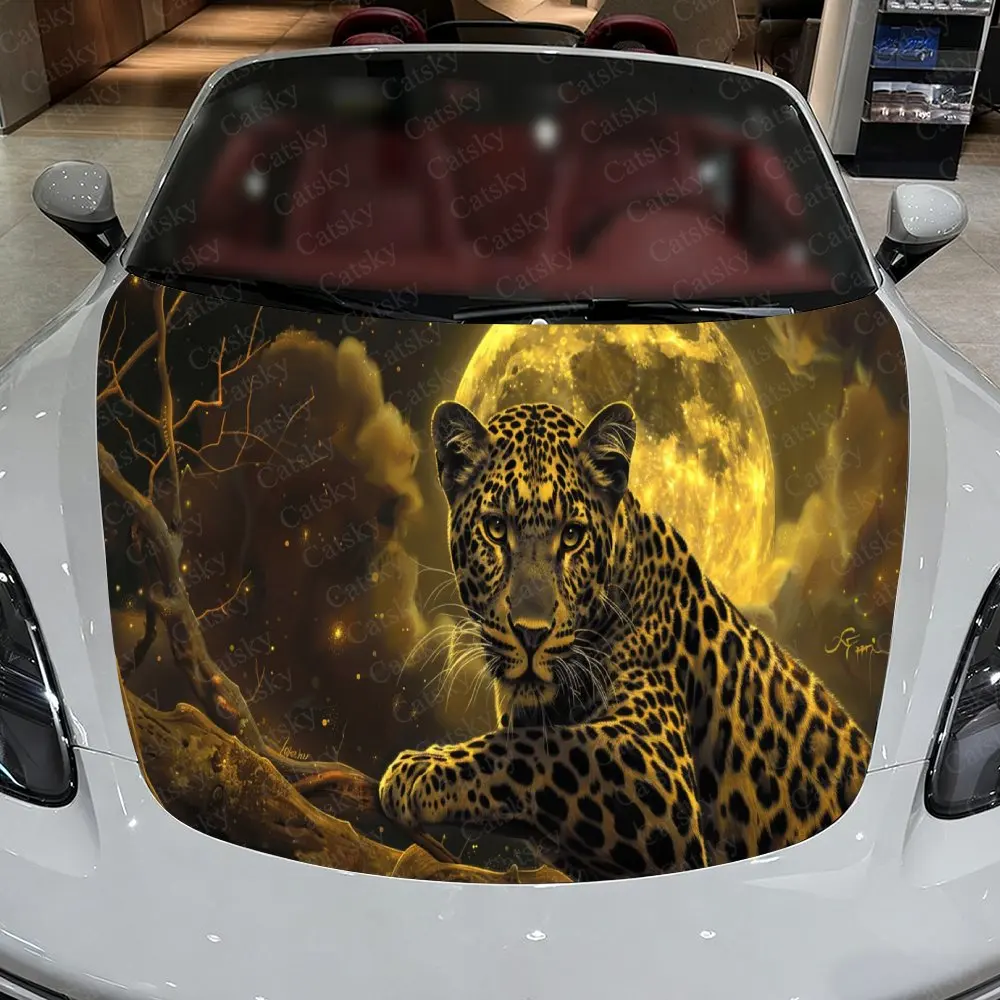 Fiery Leopard in Golden Moonlight Car Hood Stickers - Self-Adhesive, Waterproof and Durable Vinyl Wrap, Decorate And Protect You