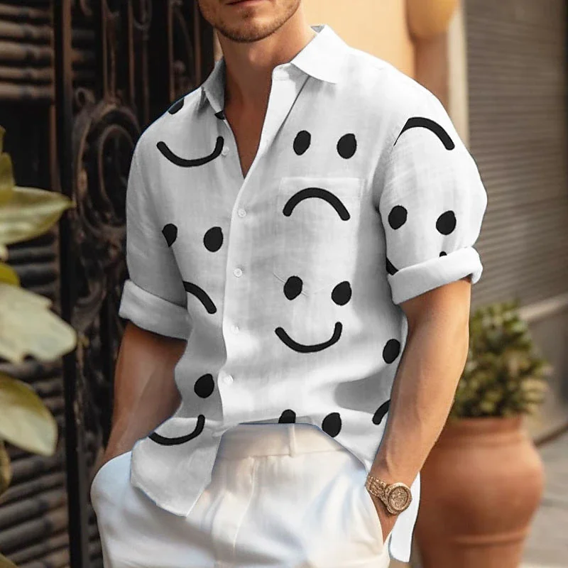 

Men's Graphic Shirt Summer Hawaiian Print Smiley Face Lapel Outdoor Street Long Sleeve Smiley Face Shirt