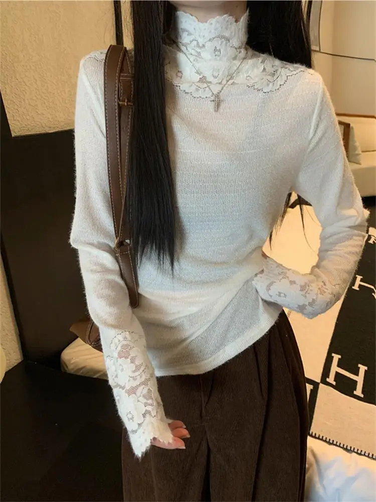

White Lace High Collar Women's T-irt Spring New Sle European Goods Unique Beautiful Base irt Long Sve Top