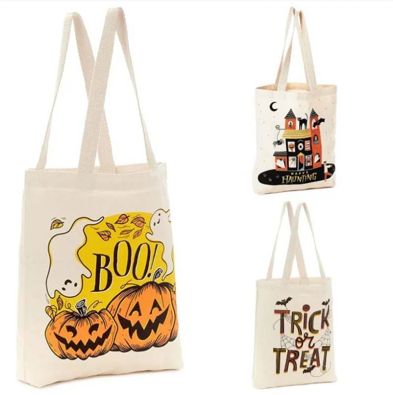 Halloween Ghost Pumpkin Head Halloween Theme Cartoon Printed White Canvas Tote Bag for Holiday Parties Trick or Treat Tote Bag