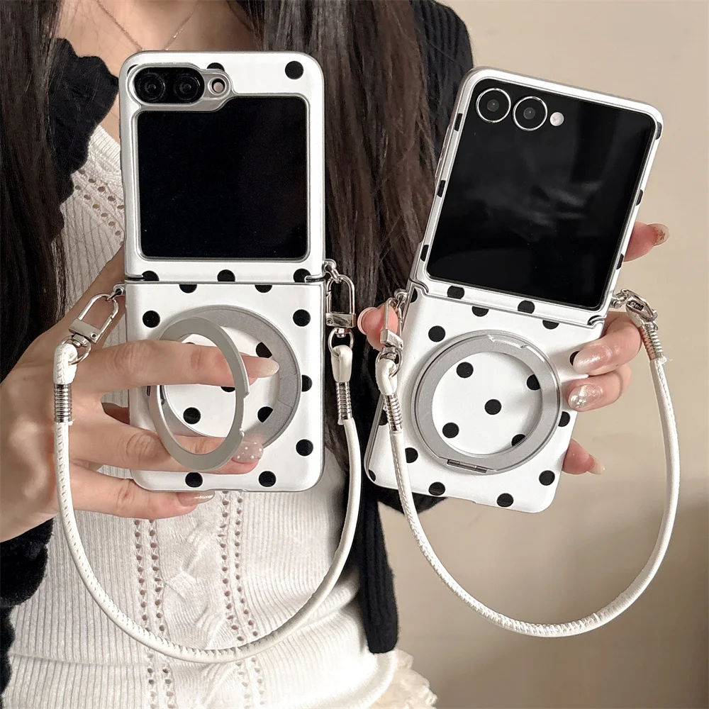 Cute White Black Polka Dot Magnetic Ring Stand Phone Case For Samsung Galaxy Z Flip8 7 6 5 4 3 Shockproof Cover With Wrist Strap