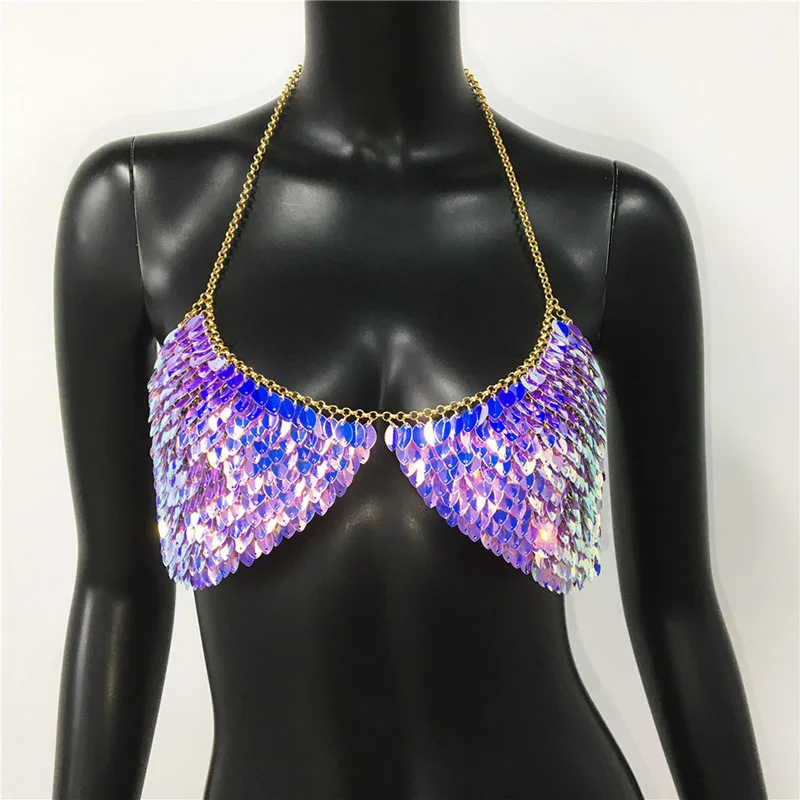 Pailletten Gekleurde Bladeren Crop Top Vrouwen Vest Sexy Nachtclub Metalen Slanke ketting Hangende nek Splicing Glitter Top Vrouwelijk