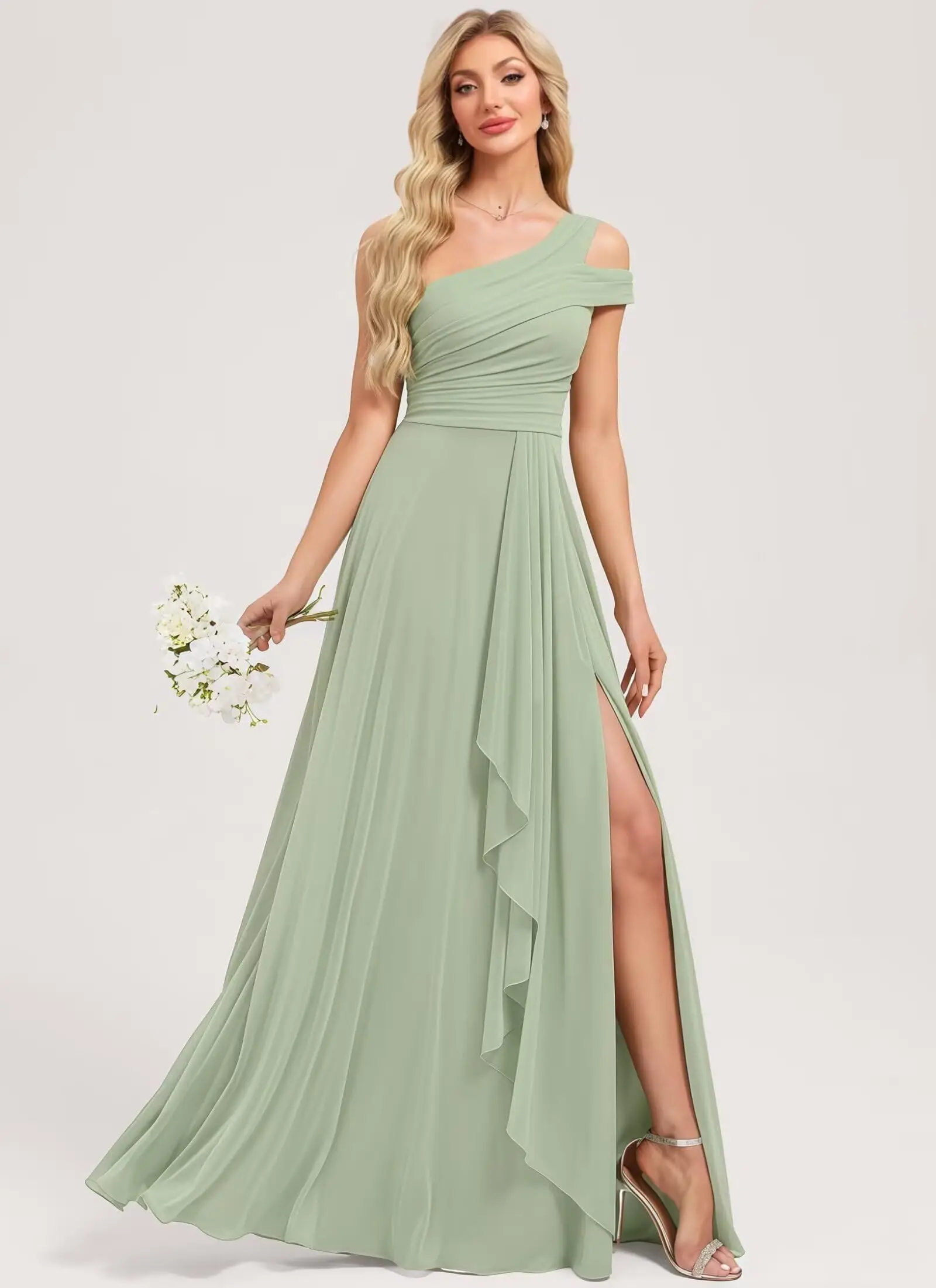 Abiti da damigella d'onore a pieghe monospalla da donna lunghi con abito formale in chiffon senza maniche con spacco a volant Abiti da damigella d'onore